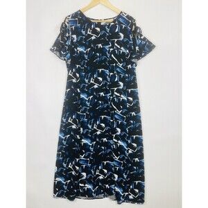 Sejour Black Blue Brush‎ Stroke Short Sleeve Side Slit Midi Dress Womens 18 18W